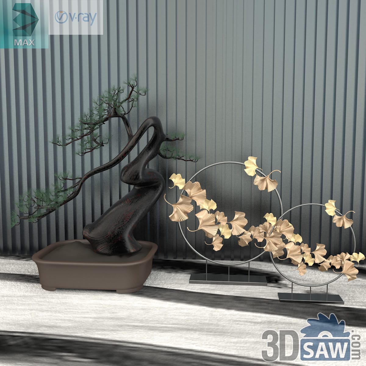 Pine bonsai in a ceramic tray beside two gilded ginkgo-branch ring sculptures