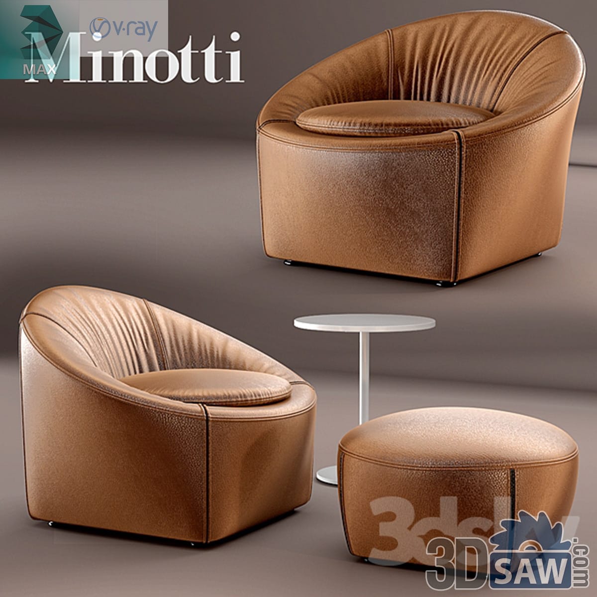 Pair of tan leather tub armchairs with a white cylinder side table and pouffe