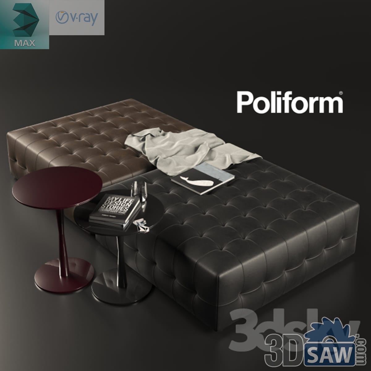 Deep button-tufted brown leather bench with two round burgundy side tables