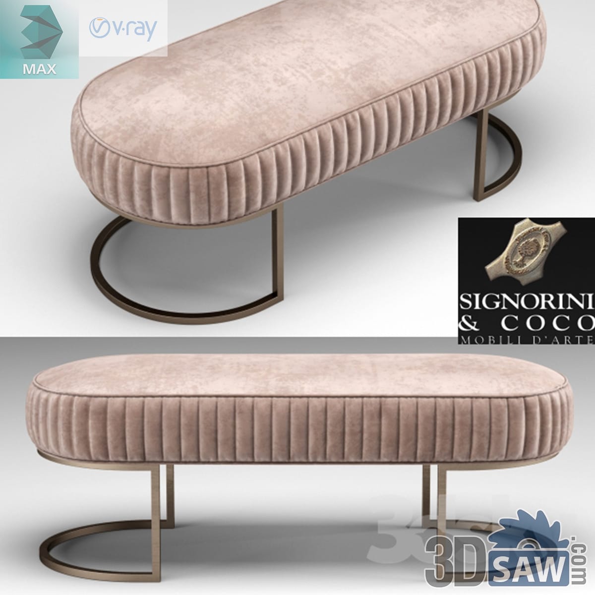 Blush velvet channel-tufted oval bench on a curved brushed-brass base