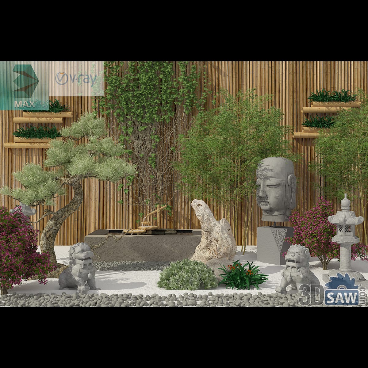 Japanese zen garden with raked gravel, stone statues, a lantern and a leaning pine