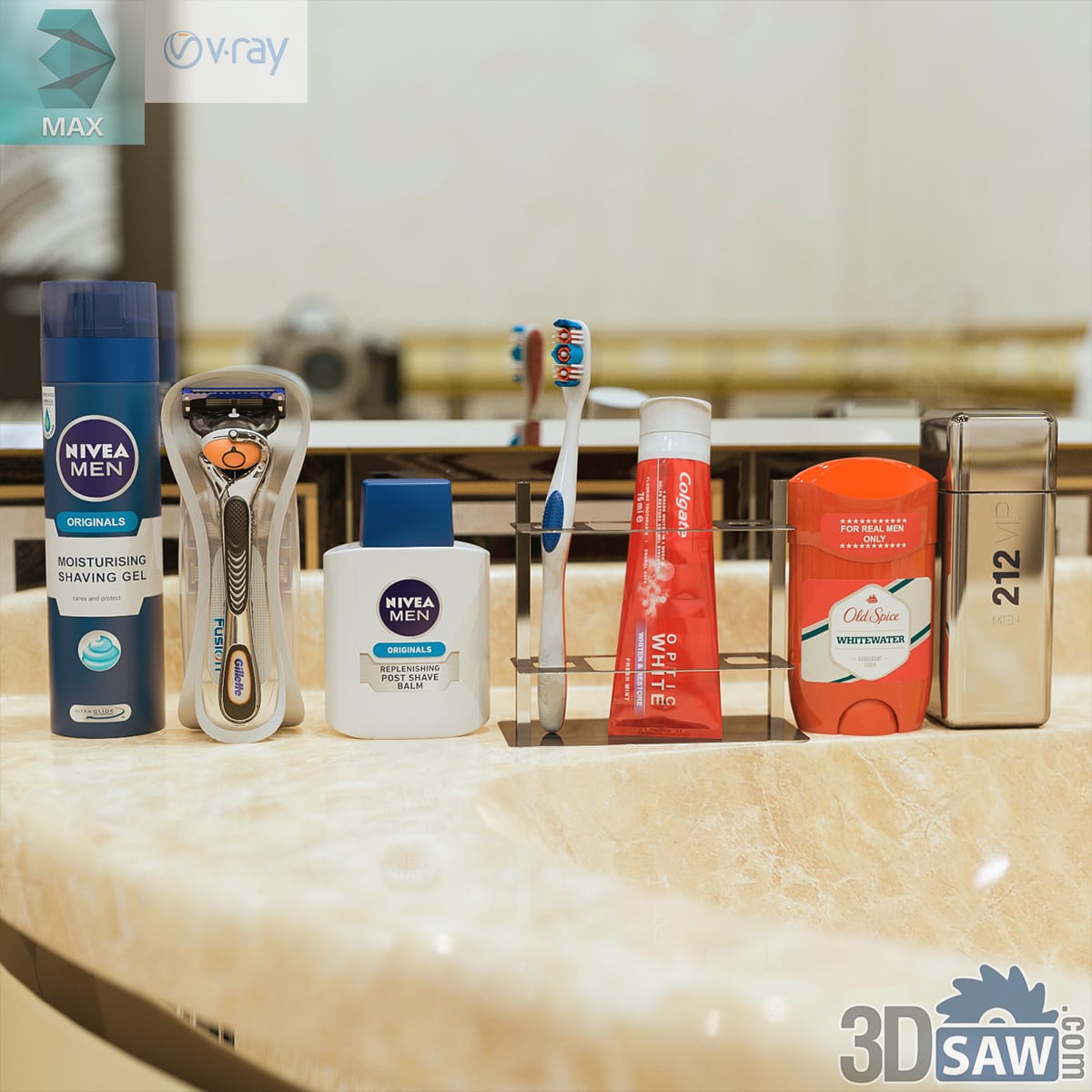 Men's shaving gel, razor, balm, toothbrush, deodorant and fragrance on a marble counter