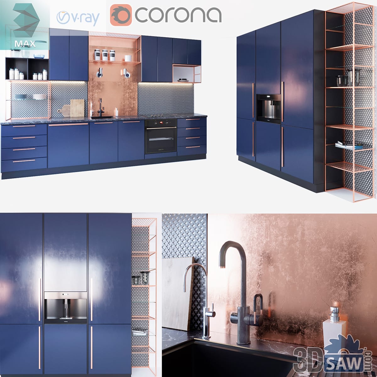 Matte navy kitchen with copper trim, mesh backsplash and a tall appliance bank