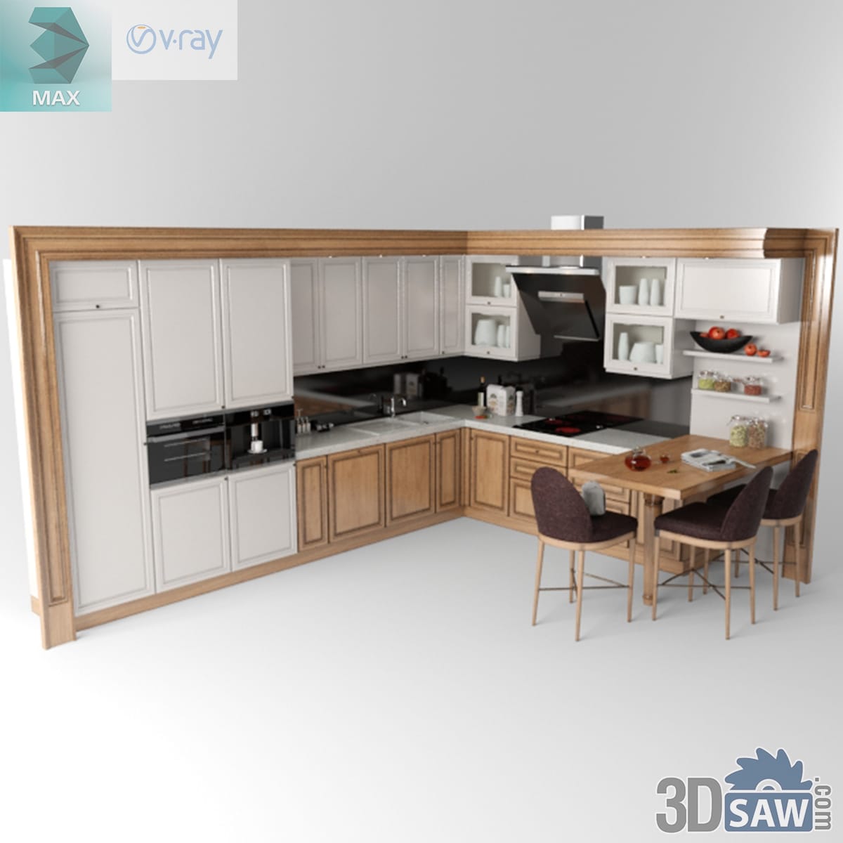 Cream raised-panel kitchen with oak framing, a dark worktop and a corner dining set