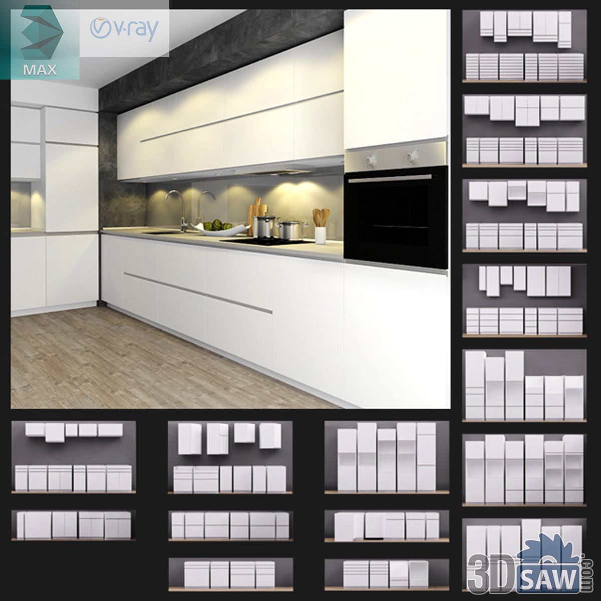White handleless corner kitchen with a grey feature wall and oven column