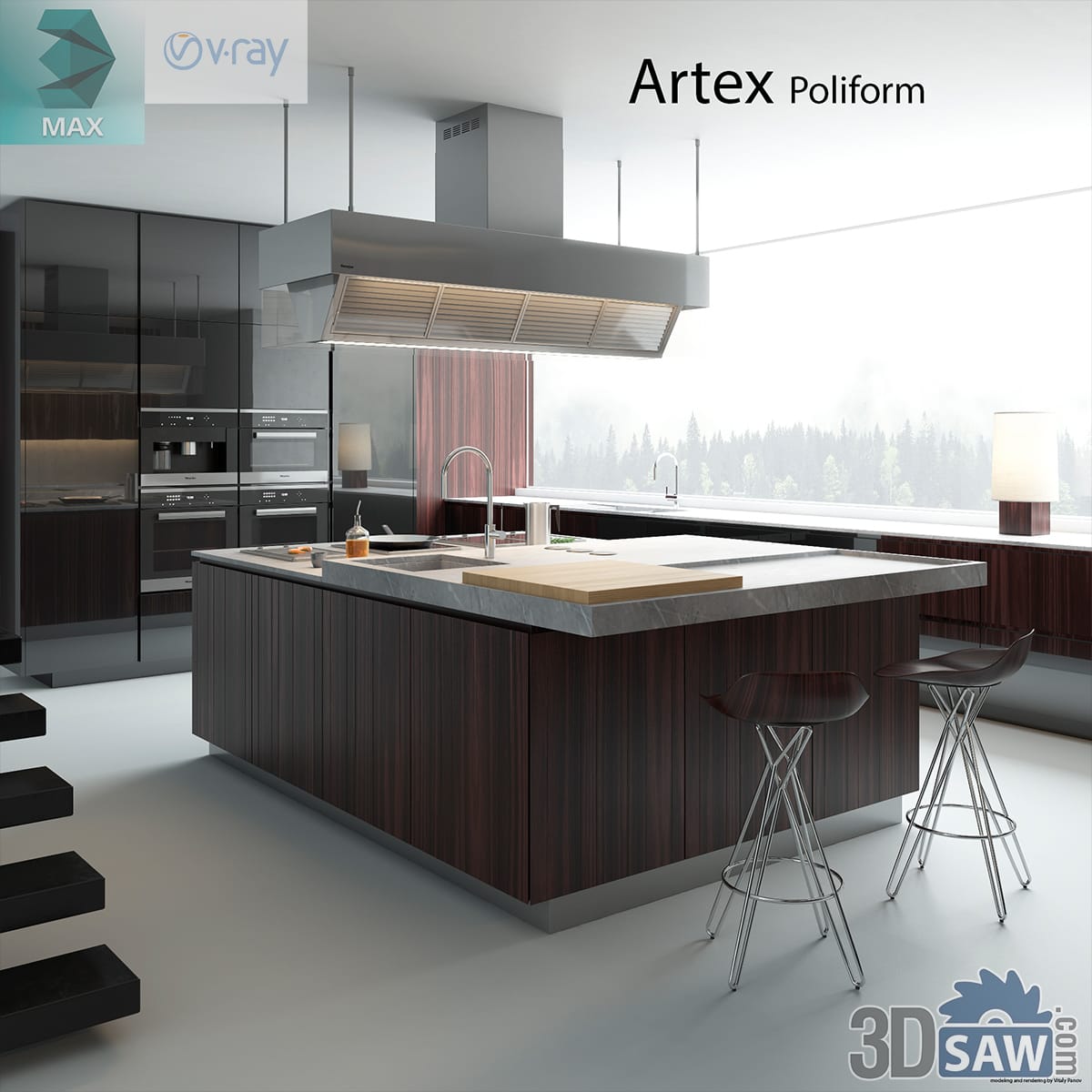 Dark wood-veneer kitchen island with a stone top and metal bar stools
