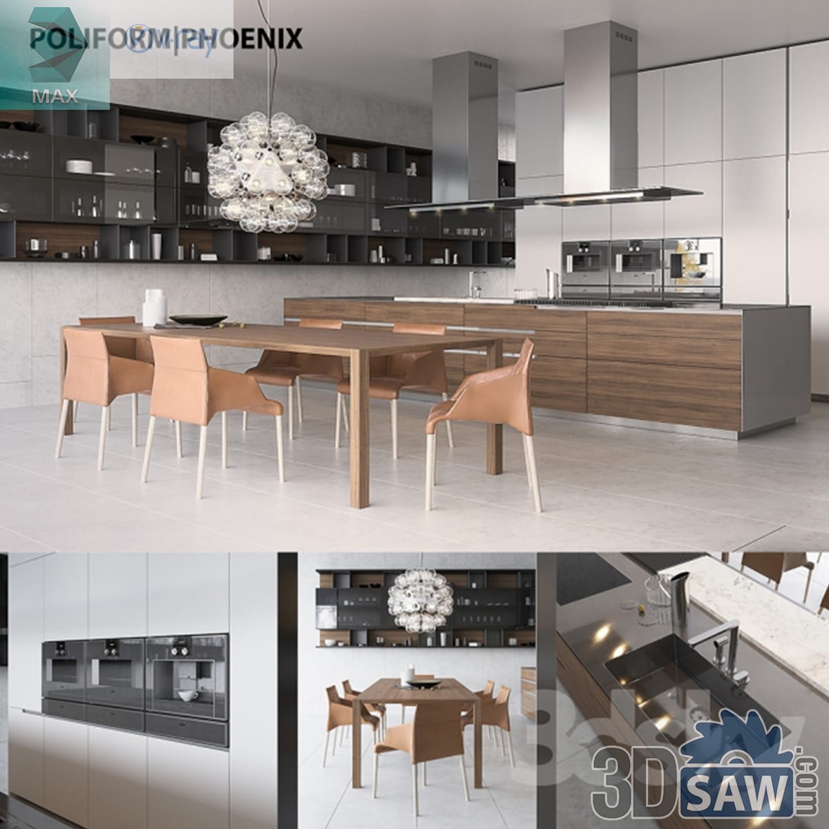 Contemporary kitchen with walnut island, long dining table, tan leather chairs and glass pendant