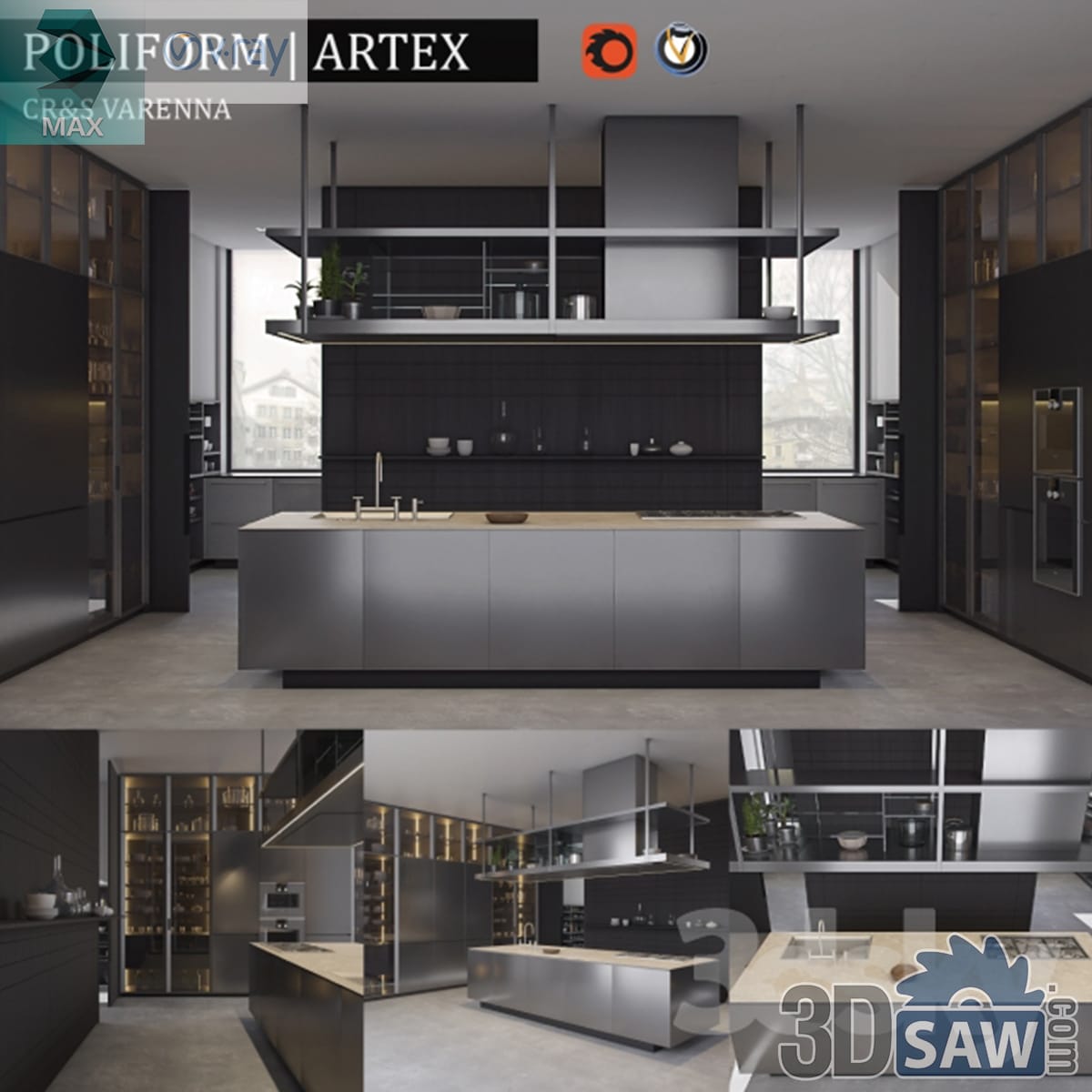 Dark luxury kitchen with brushed stainless steel island, smoked glass cabinets and hanging shelves