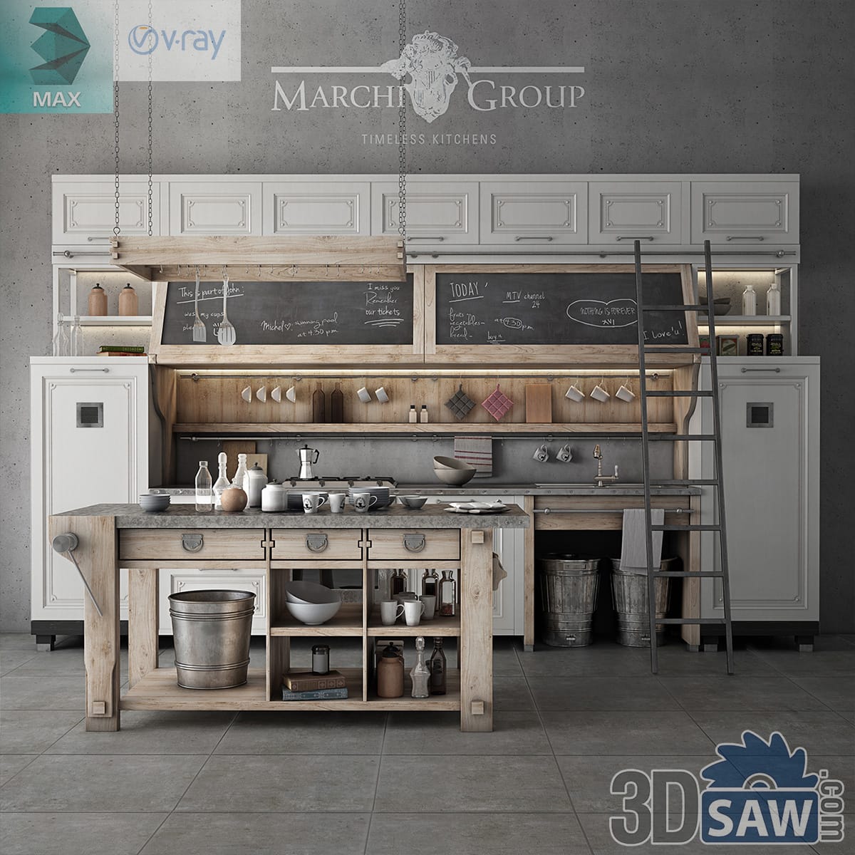 Rustic kitchen in reclaimed wood with chalkboards, library ladder, zinc buckets and prep island