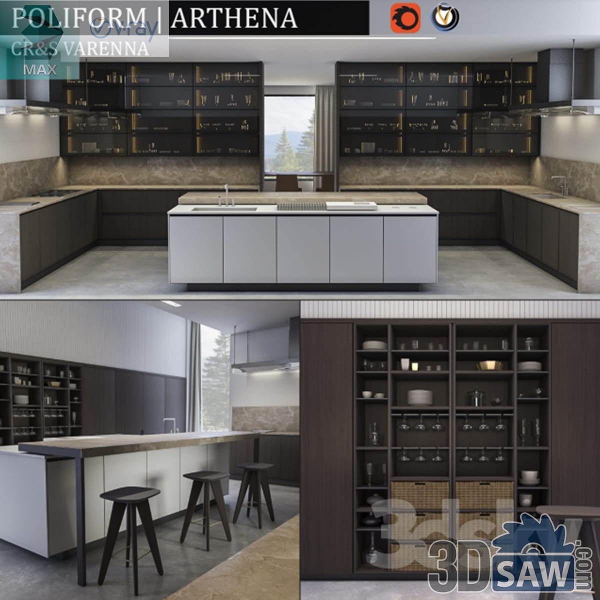 Contemporary U-shaped dark oak kitchen with lit glass cabinets, stone island and black stools