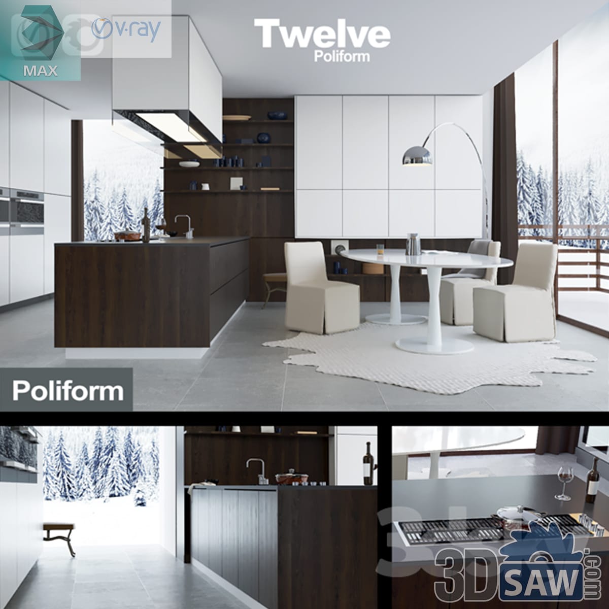 Contemporary kitchen with dark wood island, white oval dining table, mixed chairs and arc floor lamp
