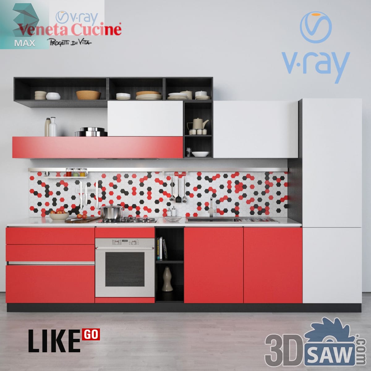 Modern straight-run kitchen with glossy red lacquer cabinets and red-and-black hexagon backsplash