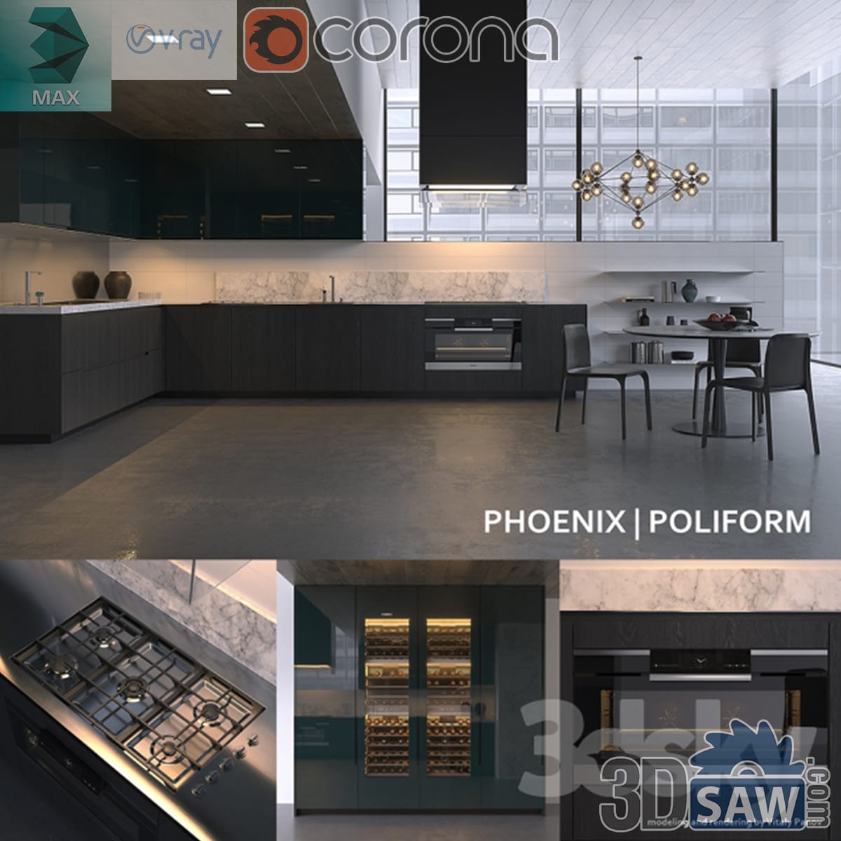 Luxury kitchen with book-matched marble island, dark cabinetry, brass sputnik chandelier and wine wall
