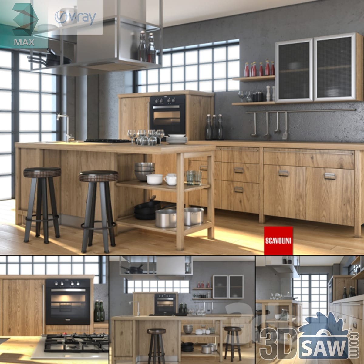 Industrial loft kitchen in warm oak with glass-block walls, black metal bar stools and stainless hood