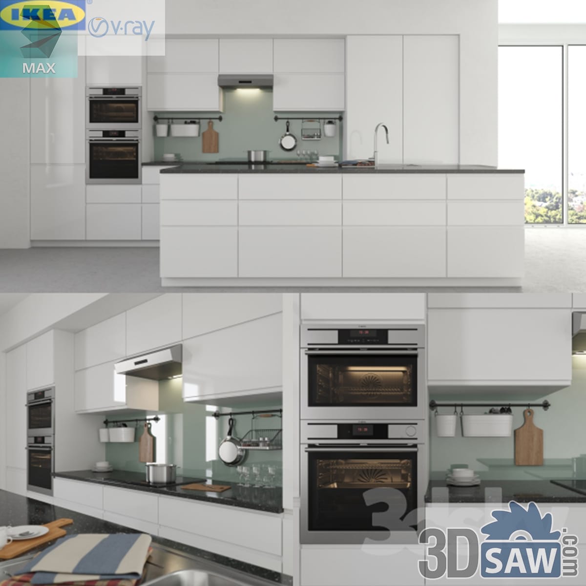 Modern white high-gloss handleless kitchen with double wall ovens, wide island and garden window