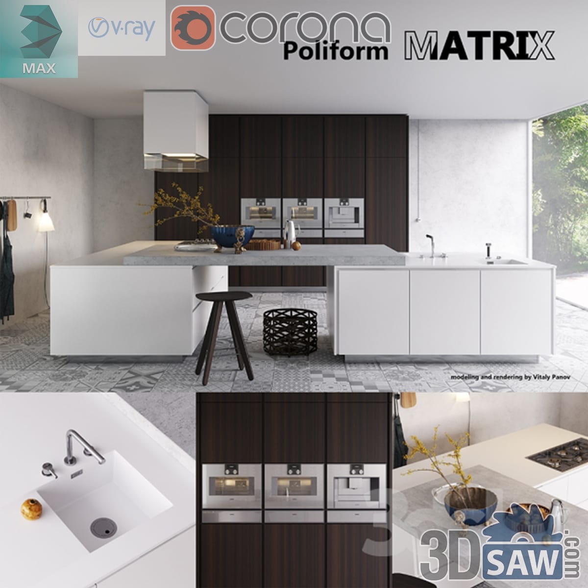 Contemporary kitchen with dark wood and matte white islands, slim hood and built-in ovens