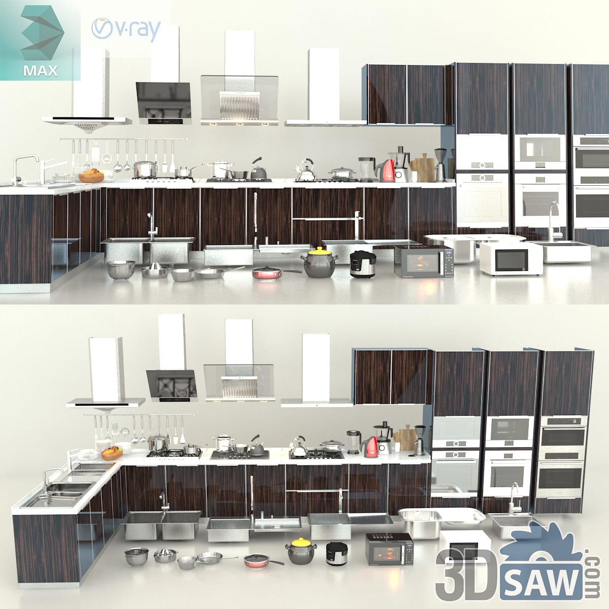 Modern L-shaped ebony wood kitchen packed with small appliances, cookware and stacked ovens