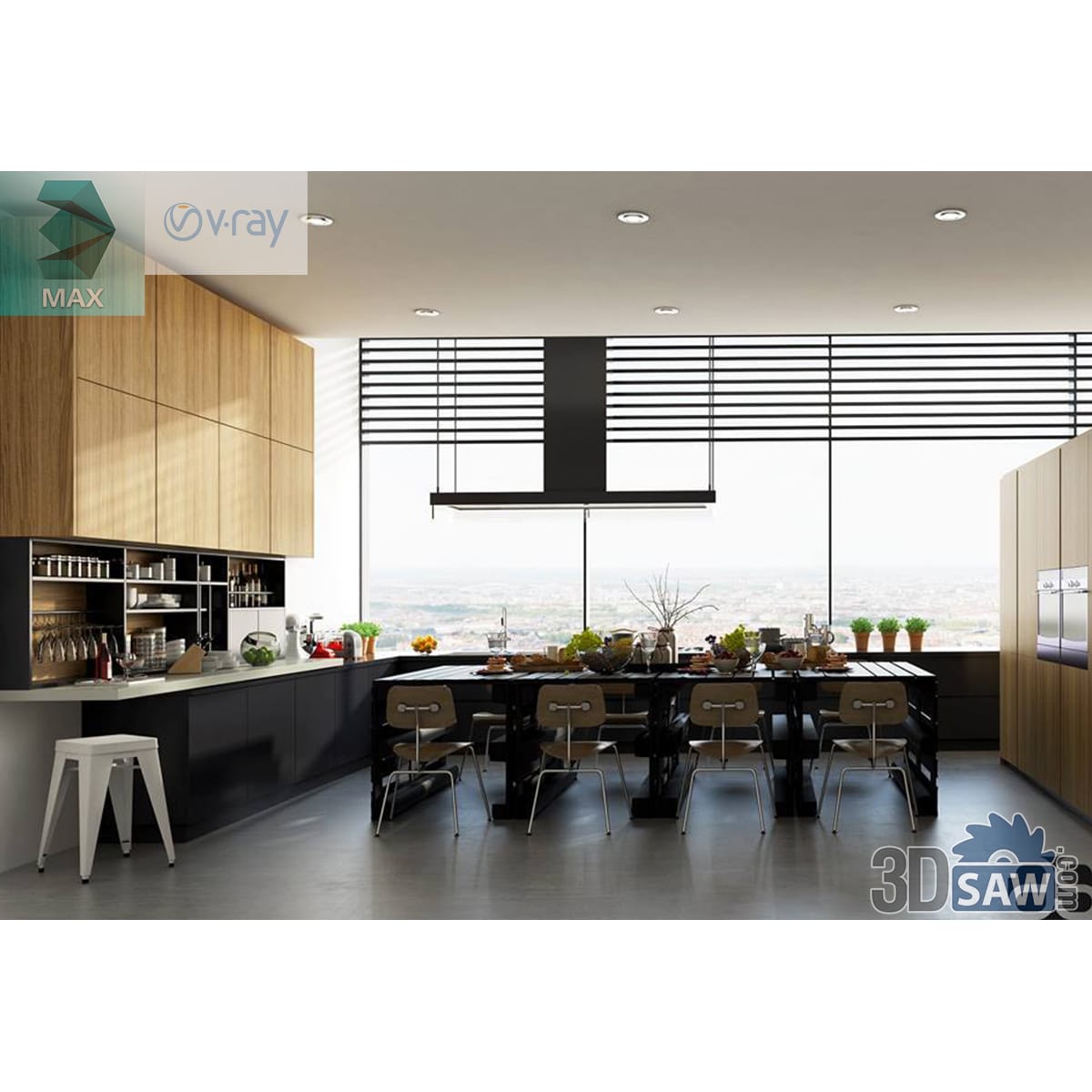 Contemporary kitchen with long black island, bronze metal chairs, slatted hood and city glazing