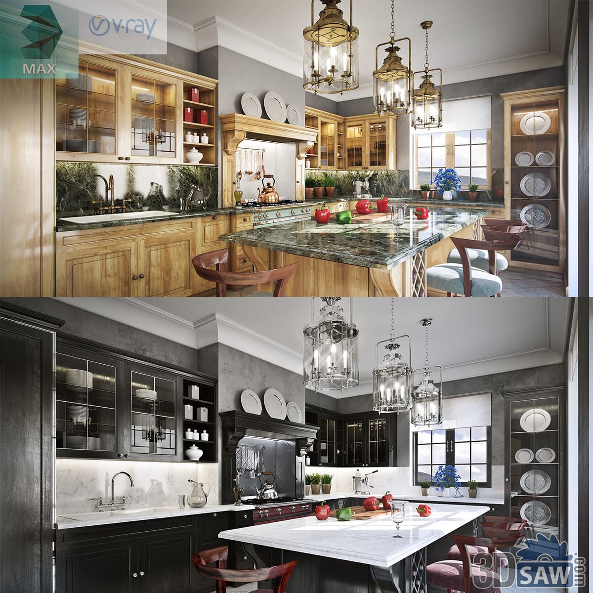 Classic kitchen with panelled wood cabinets, green marble island, lantern pendants and velvet stools